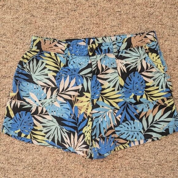Basic Editions Blue Multicolor Tropical Foliage Linen shorts, Womens size Large - Picture 1 of 6